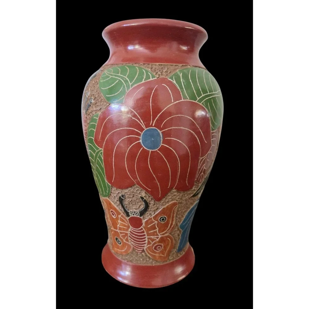Nicaragua Clay Pottery Vase Handmade Carved Butterflies Tropical Textured Raised